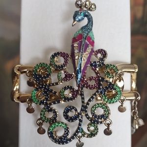 Betsey Johnson Colorful Peacock Stretchy Cuff Bracelet Gold Tone